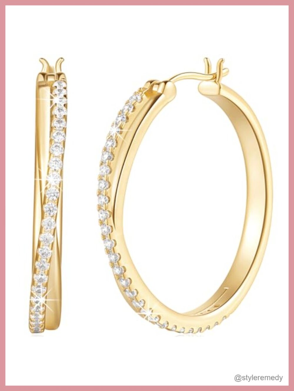 X-Shaped 14K Gold Hoop Earrings Cubic Zirconia Hinged Snap Back Large